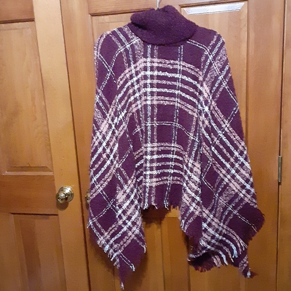 Burgundy Plaid Cowl Neck Poncho - Picture 2 of 2